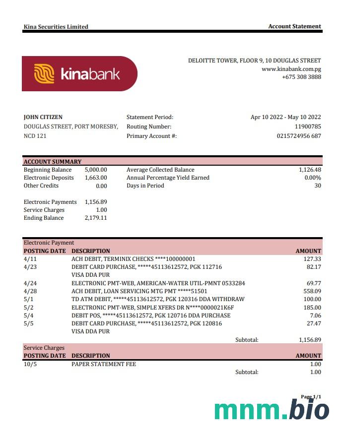 Papua Nowa Gwinea Kina Securities Limites wyciąg bankowy Excel i szablon PDF